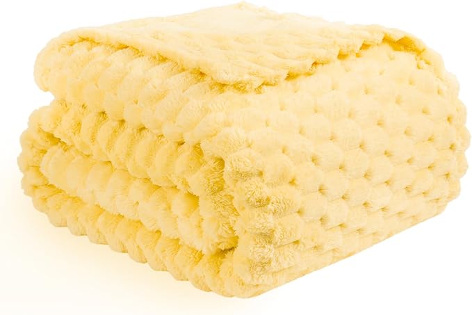 Vessia Flannel Fleece Twin Blanket, 3D Jacquard Light Yellow Fuzzy and Warm Blanket for Couch, Sofa, Bed, 300GSM Super Soft Touch Cozy Home Decor for All Seasons (60x80 inches)