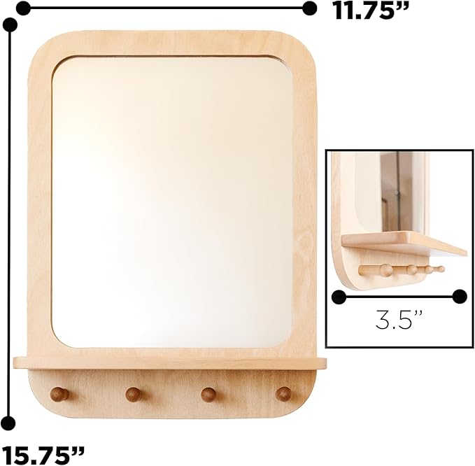 Montessori Wooden and Acrylic Wall Mirror with Hooks for Toddlers - Entryway Mirror with Hooks and Shelf Organizer Self-Care Station