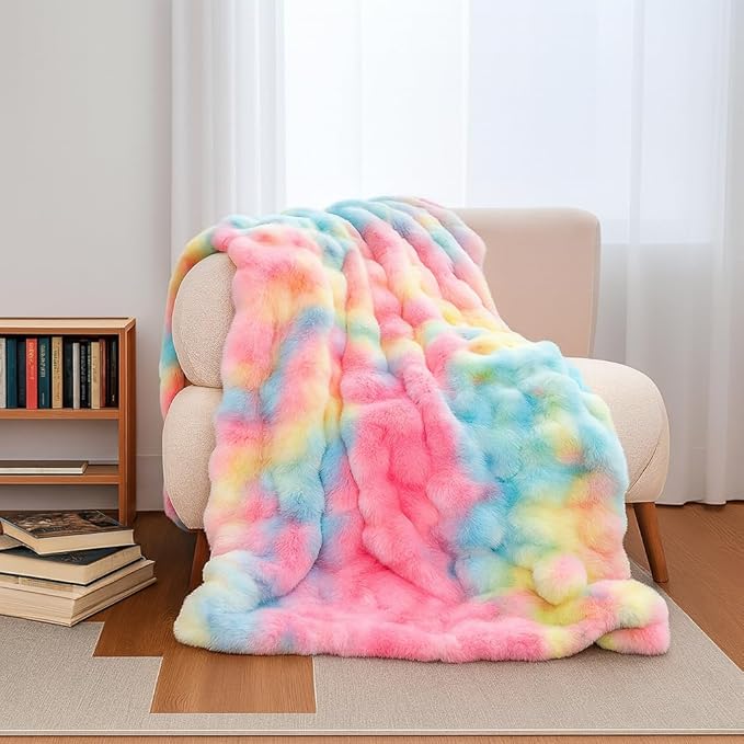 H&D Faux Fur Throw Blanket for Couch,Fluffy Cozy Soft Plush Luxury Thick Fuzzy Fleece Blanket for Couch Bed Sofa Bedroom Living Room,Comfy Bubble Blanket