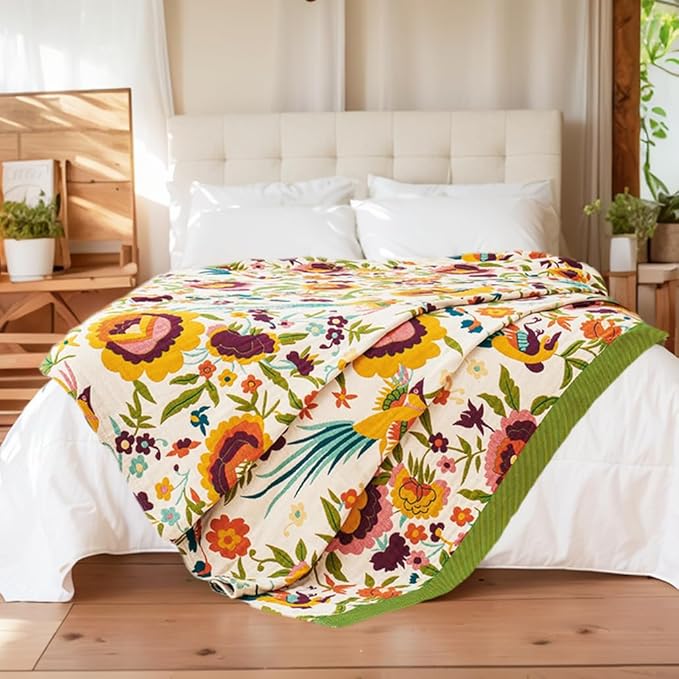 Boho Throw Blanket, 100% Organic Cotton Breathable Ultra Soft 91" x 108" King Bed Quilt Throw - All Season Floral Rustic Farmhouse Decor Luxury Blanket for Sofa Couch Chair and Gift