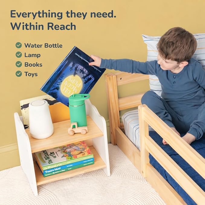Ocodile Kids Nightstand for Floor Beds, Solid Wood Small Bedside Table with Book Pocket, Low Tiny Nightstand for Nursery, Toddler & Kids Room, Montessori Style Side Table - White