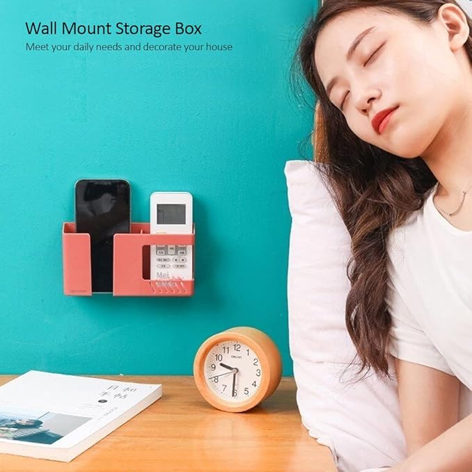 Strong Adhesive Wall Mount Phone Holder D3 Punch-Free Bedside Phone Shelf with Charging Port, Sticky Remote Control Storage Box, Bathroom & Kitchen Wall Organizer (White)