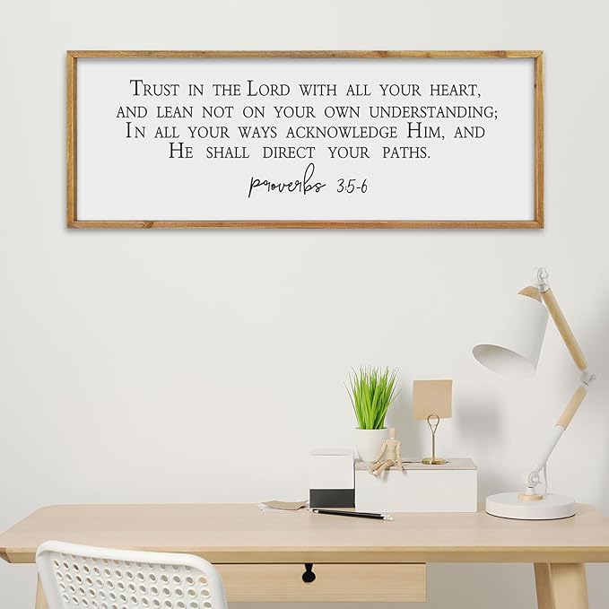 comurdyo Bible Verse Trust in the Lord With All Thine Heart Wall Decor 32"×12" Proverbs 3:5-6 Sign Scripture Christian Prayer Large for Family Modern Rustic Bedroom Wood Framed Plaque Hanging (Wood)