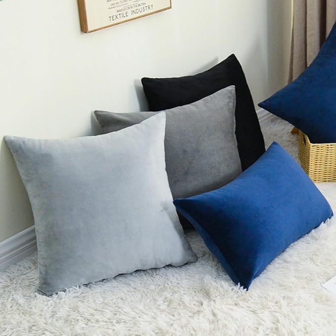 Throw Pillow Covers Decorative Velvet Set of 2 22x22 Inch Pillow Covers, Soft Black Large Pillowcases for Couch Sofa Bed Living Room, Farmhouse Home Boho Decor, Square Accent Cushion Covers