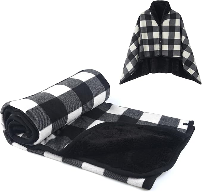 forestfish Fleece Wearable Blanket, Plaid Lap Blanket Comfy Poncho Throw with Buttons for Bed Sofa Office, Black-White