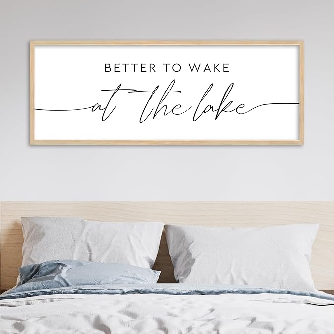 SRSZHIYUE Better To Wake At The Lake Wall Decor Above Bed Sign 40"×15" for Lake House Rustic Bedroom Over Bed Farmhouse Large Wood Framed Home Wall Hanging Art (Wood)