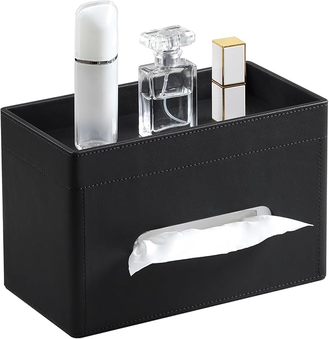 Plus Size Tissue Box Cover Rectangle, PU Leather Tissue Box Holder with Storage Tray, Decorative Organizer Tissue Holder for Bathroom, Bedroom Dresser, Night Stand, Office (Black)