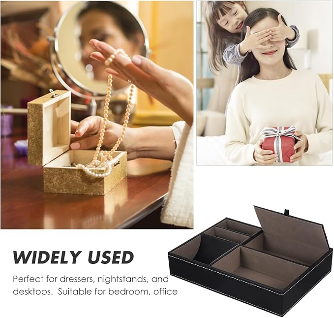 Faux Leather Nightstand Jewelry Box 10.23X7.20X2.04In Multi-Compartment Storage Organizer for Watches Phone Wallet Keys with Retro Style for Bedroom and Office