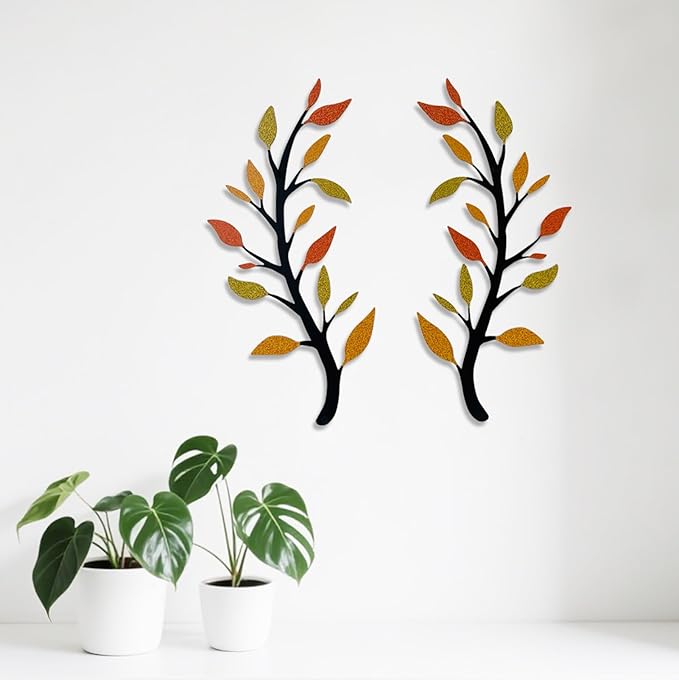 Yuzhuo 2 Pieces Metal Tree Leaf Wall Décor Branch Leaf Wall Art for Indoor Outdoor Garden Home Bedroom Living Room Decorations Iron Scroll Sculptures Above the Bed(Yellow Orange, S)