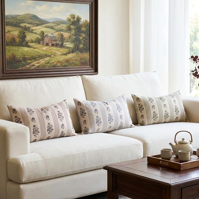 Amor Virisso Floral Throw Pillow Covers 12 x 20 Set of 2 Block Print Pillow Covers Neutral Floral Striped Farmhouse Decorative Pillow Covers for Sofa Couch Bed, Dusty Green