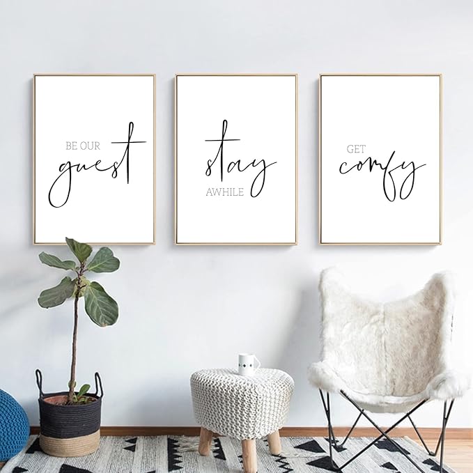 Be Our Guest Wall Decor Guest Room Wall Art Decor Stay Awhile Signs for Home Decor Minimalist Wall Art over the Bed Sign Guest Bedroom Wall Decor Canvas Painting 12x16 Inch (set of 3) UNFRAMED