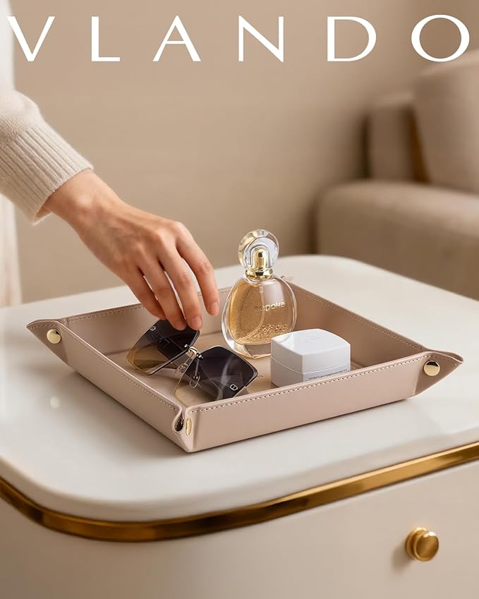 VLANDO Valet Tray for Men Women, Nightstand Organizer Vanity Catchall Holder for Dresser Desk Storage Bedside, PU Leather Travel Jewelry Key Bowl for Watches, Candy Entryway - Large, Toffee