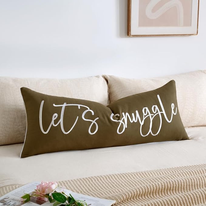 Sunkifover Let's Snuggle Decorative Lumbar Pillow Cover - 14x36 Inch Brown and White Cotton Embroidery Throw Pillowcase for Bed, Bedroom, Living Room, Home Decor