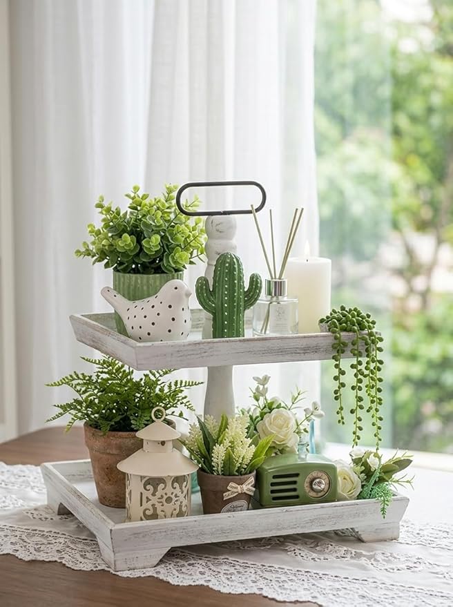 Hanobe Tiered Tray for Table Decor: Spring 2 Tier Decorative Tray Stand for Coffee Bar - Large Farmhouse White Display Stands for Holiday - Wood for Kitchen Counter Decorations