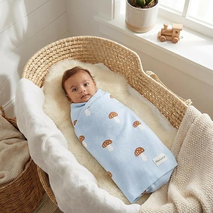 Mushroom Baby Blanket for Boys 100% Cotton Buttery Soft Cozy Receiving Swaddle Crib Stroller Blanket for Shower Gift Registry for Newborns, Infants, Toddlers (Mushroom - Blue)