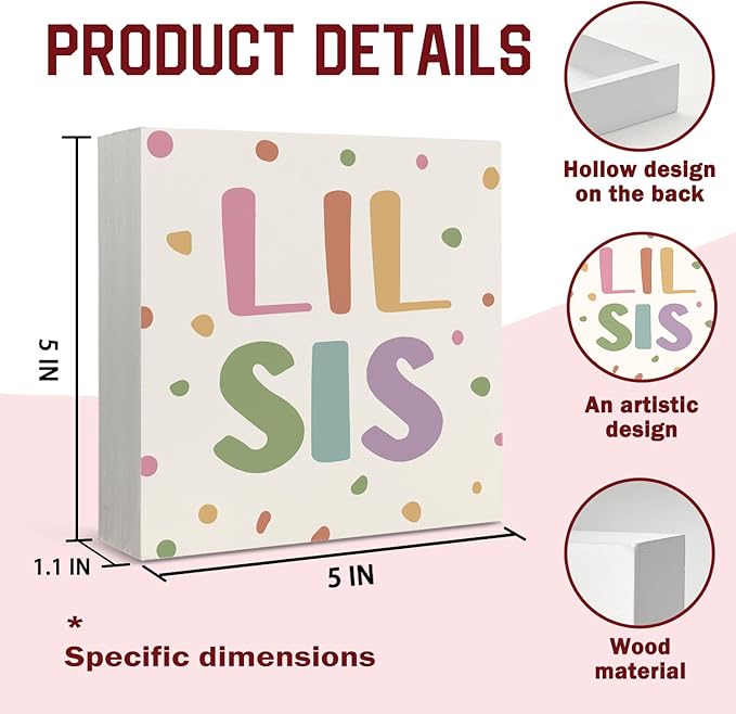Lacama Boho Girl Nursery Wooden Box Sign, Little Sister Decorations Wood Block Signs, Twin Room Wood Sign for Toddler Girls Room Bedroom Playroom Desk Shelf Wall Decor 5x5 Inches