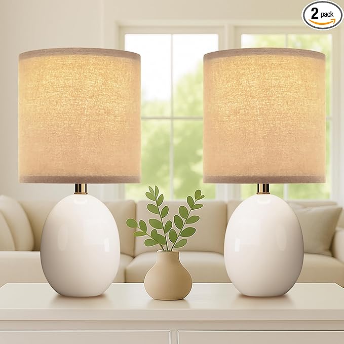 18.5" Table Lamp Set of 2 for Living Room Bedroom, Bedside Lamps for Night Stands, Desk Nightstand Lamp Dimmable, Modern Linen Cream Ceramic Lamps (White-B)
