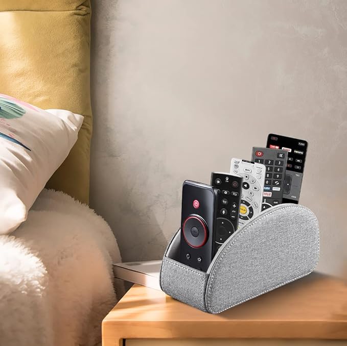 Ayunga PU Leather Remote Control Holder,Desktop Supply Organizer,5 Delicate Compartments with High and Low Orderly Distribution,for Storing TV,DVD,Blu-ray,Media Player,Heater Controllers(Grey cloth)