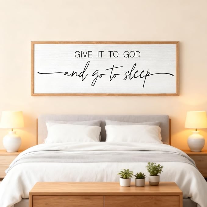 Give It to God and Go to Sleep Decorative Rustic Sign & Plaque Framed Wall Art for Couples, 40''×15'' Vintage Cottagecore Wooden Horizontal Wall Decor Above Bed, Farmhouse Wedding Gift for Bedroom