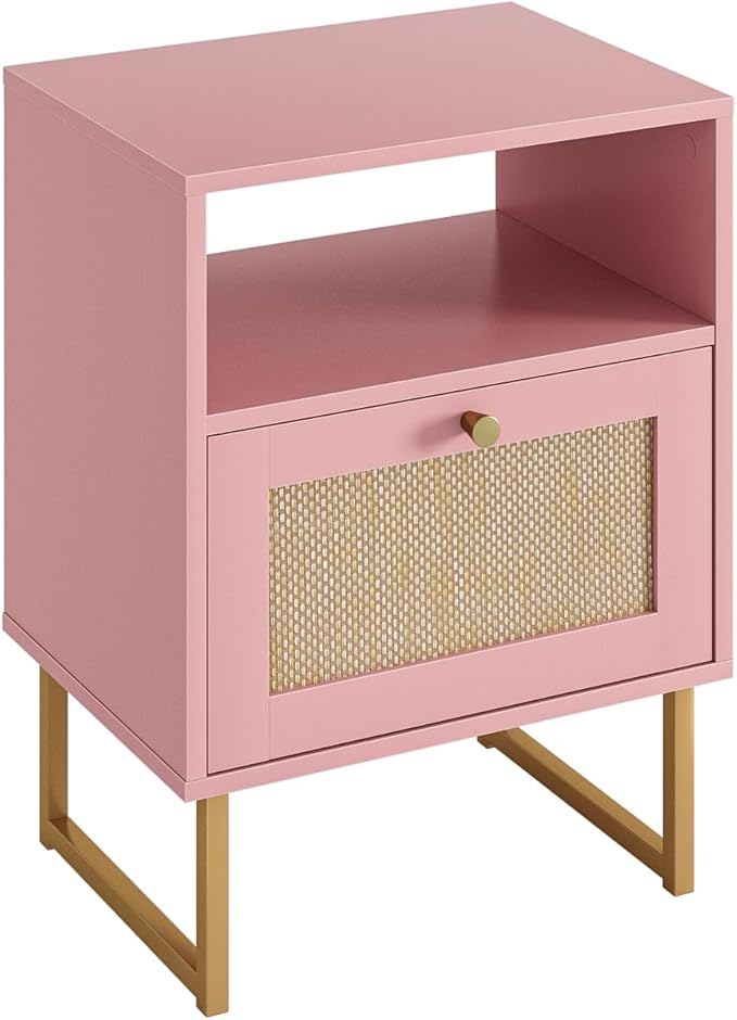 Rattan Nightstand, Boho Night Stand Farmhouse Wood Bedside Table with Storage and Open Shelf, End Side Accent Table for Bedroom,Living Room,Pink