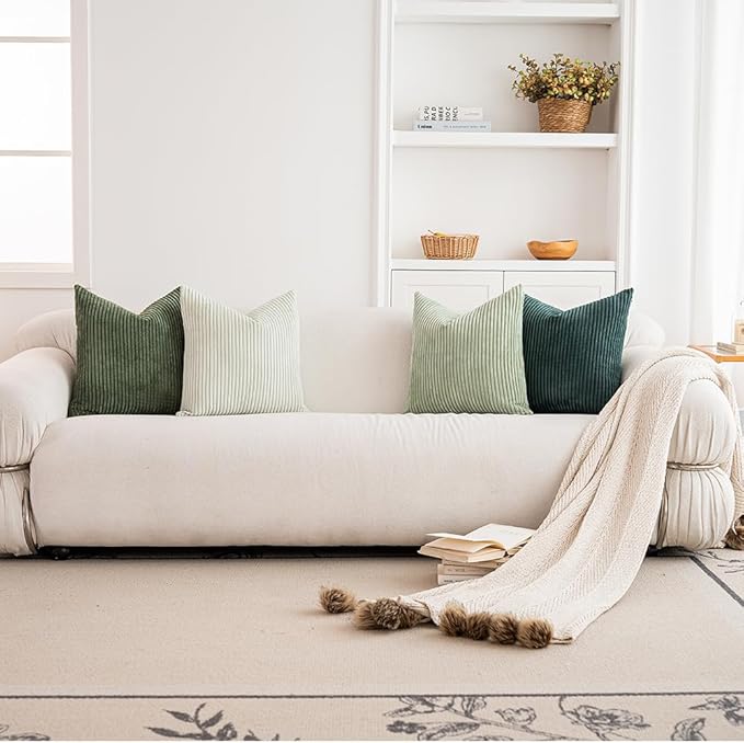 LANANAS Neutral Couch Throw Pillow Covers 18x18 Inch Set of 4 Decorative Sage Green Farmhouse Boho Pillows for Living Room, Couch, Bed, Sofa Soft Corduroy Accent Home Decor (Forest Green, 18x18 Inch)