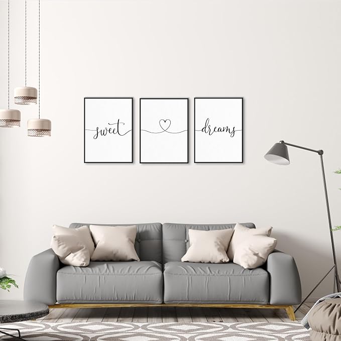 Sweet Dreams Wall Decor Above Bed: 3 Piece Modern Farmhouse Bedroom Art Set, Minimalist Black and White Framed Signs, Rustic Country Wall Art for Master Bedroom Guest Room, 12x16 Inches