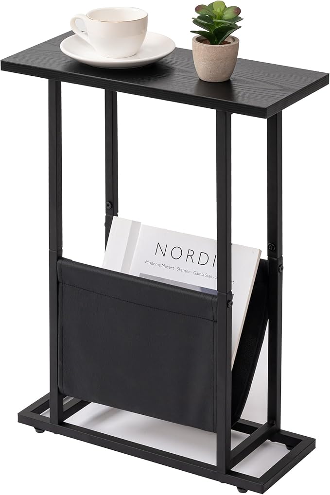 Narrow Side Table for Small Place,Metal Table with PU Leather Bag,Slim Nightstand for Reading Or Storage,Sofa Side Table for Living Room,Bedroom,Black