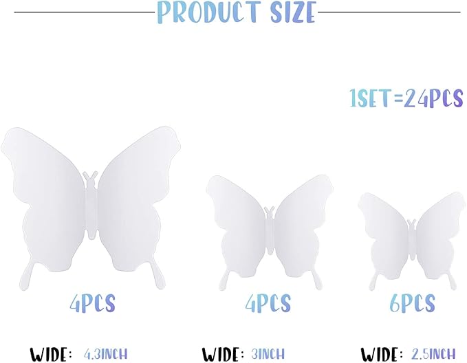 BBTO 48 Pieces Butterfly Wall Decor DIY 3D Mirror Butterfly Stickers Removable Decals Crafts for Birthday Party Bedroom School Bathroom Living Room Decor(White)
