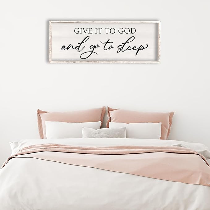 Give it to God and Go to Sleep Sign Wall Decor Wood Frame 40" X 15" Master Bedroom Above Bed Large Rustic Farmhouse Hanging Over Bed Wall Art Guest Room Decoration (White)
