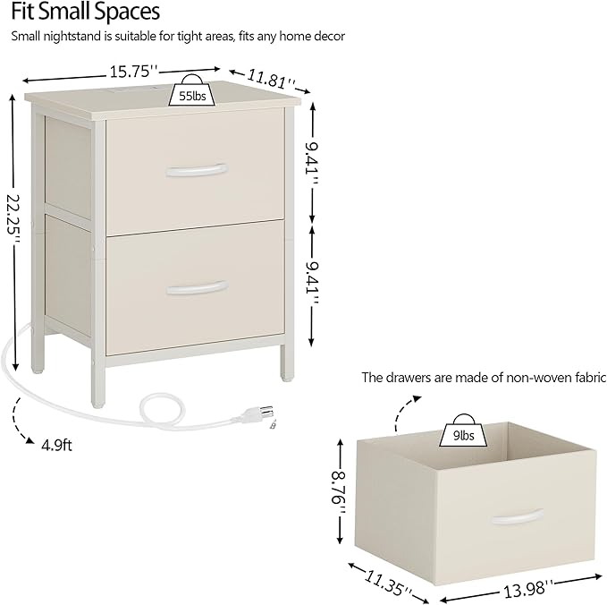 Vagusicc Nightstand with Charging Station, Bedside Table with USB Ports and Outlet, End Table Side Table with 2 Fabric Drawers for Bedroom, Living Room, Beige