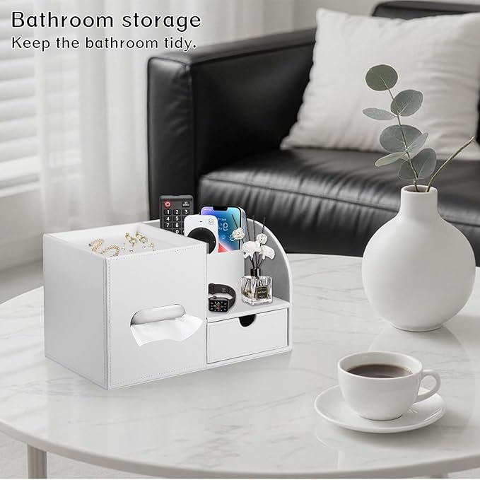 Square Tissue Box Cover with Tray and Organizer,Multi-Functional Decor Cube Tissue Box Holder,Tissue and Remote Control Holder,for Vanity,Nightstand,Bathroom,Home,Office