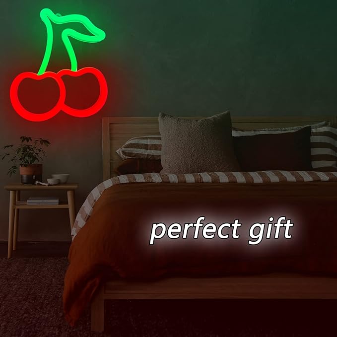 Cherry Neon Sign Red Green Cherries Neon Lights 7.5 * 8.9IN Cherry Neon Signs for Wall Decor, Cute Fruits LED Signs for Kids Room Restaurant Bar Fruit Shop Home