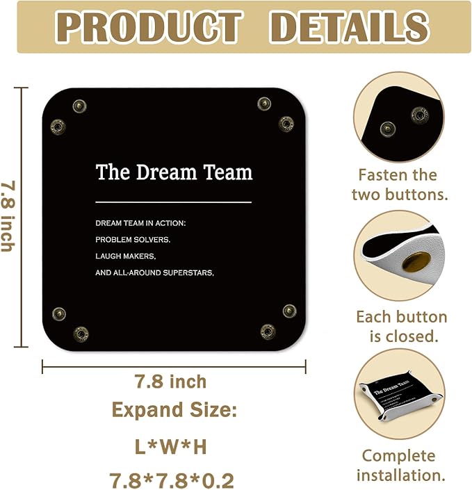 Employee Appreciation Gifts,Dream Team Gifts Valet Jewelry Tray for Coworkers Employees PU Leather Catchall Beside Caddy Nightstand Organizer Tray for Jewelry Rings Watches, 7.87x7.87in