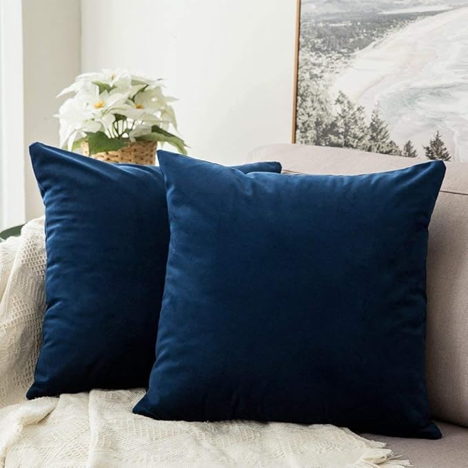 MIULEE 24x24 Inch Euro Sham Velvet Pillow Covers, Set of 2 Large Square Decorative Pillows - Dark Blue Super Soft for King Bed, Sofa, Couch, Accent Chairs