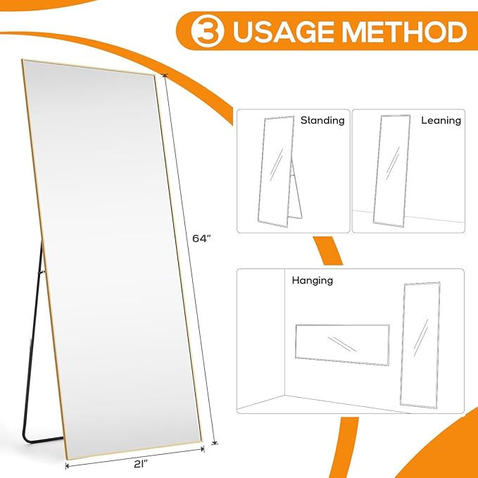 Mirror Full Length, Upgraded Body Wall Mirrors with Shatter-Proof Glass, Floor Standing, Hanging or Leaning, Tall Mirror with Stand Aluminum Alloy Frame for Bedroom Cloakroom