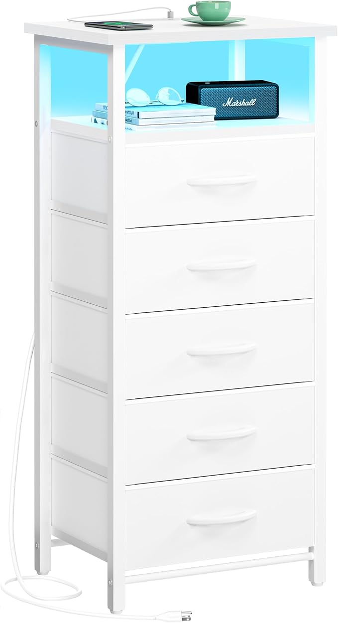 Yoobure 5 Drawers Dresser for Bedroom, Tall Nightstand with Charging Station, Fabric Dresser for Closet with Storage Shelf, Vertical Dressers Chest LED Night Stand, Bedside Table for Dorm Living Room