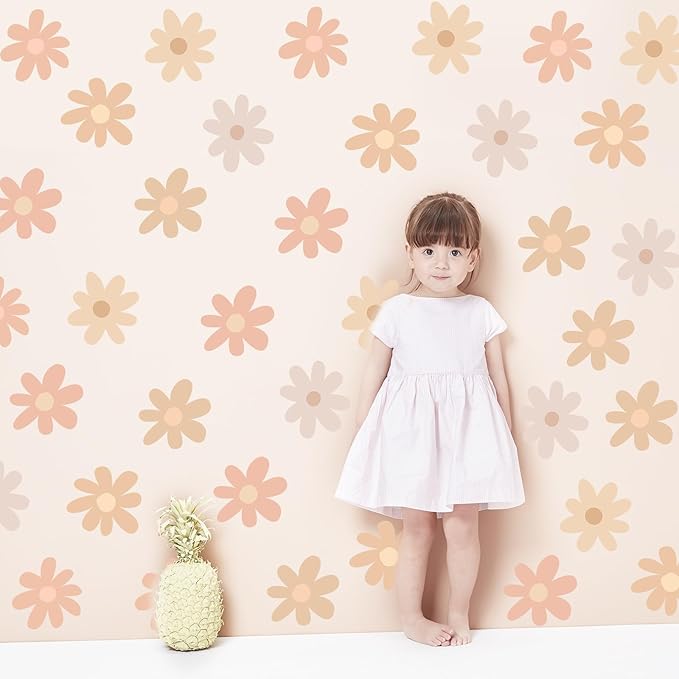 BBTO Daisy Wall Decal Flower Vinyl Wall Decals Daisy Stickers Floral Decals Peel and Stick for Nursery Art Bedroom Living Room(Simple Style,Warm Color)