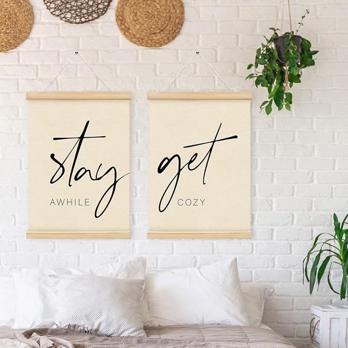 PLKMN Cozy Room Wall Art Decor Set of 2, Stay Awhile Signs for Home Decor, Above Bed Wall Decor, Cozy Bedroom Decor, Cozy Room Posters Framed with Wood Hanger, 12x16 Inch