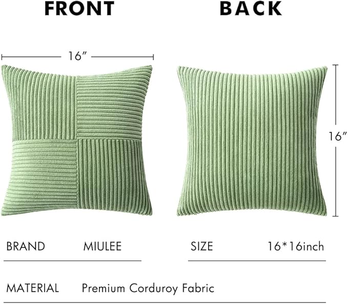 MIULEE Sage Green Decorative Throw Pillow Covers 16x16 Inch for Couch Bed Sofa Spring Decor Pack of 2 Boho Farmhouse Throw Pillows Soft Cross Corduroy Patchwork Textured Cushion Cases