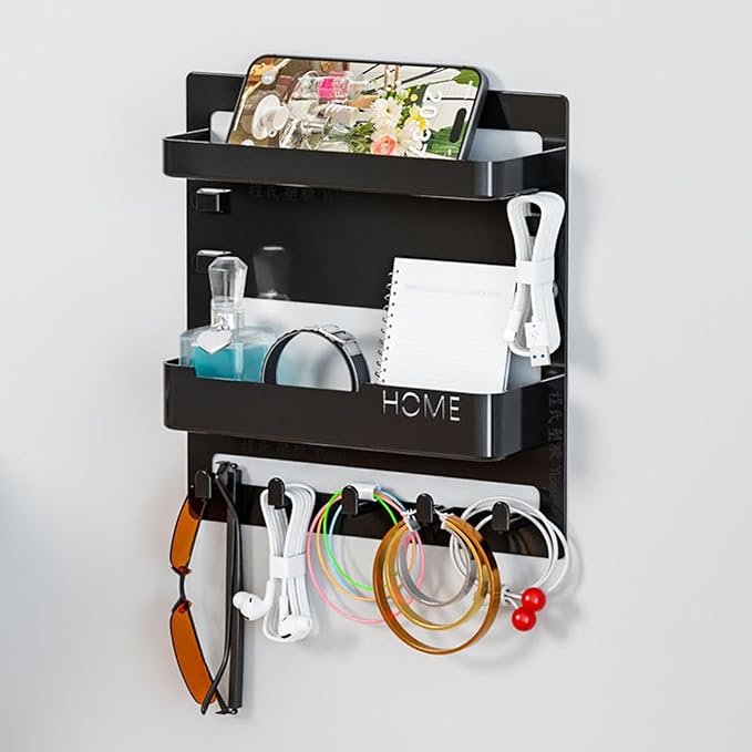 Ejoyous Bedside Shelf Wall Mount, Adhesive Phone Holder Organizer with Hooks and Cable Clips On Dorm Room, Wall Storage for Glasses Remote Earphone Cell Phone Charger Keys Snacks (Black)