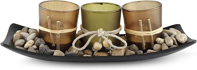 Centerpiece Table Decorations 3 Pieces Candle Holders with Tray and Rocks, for Living Room, Dining Room, Bedroom, Entryway Table Home Decor Romantic Holiday Wedding Party Gift Coffee Table Decor