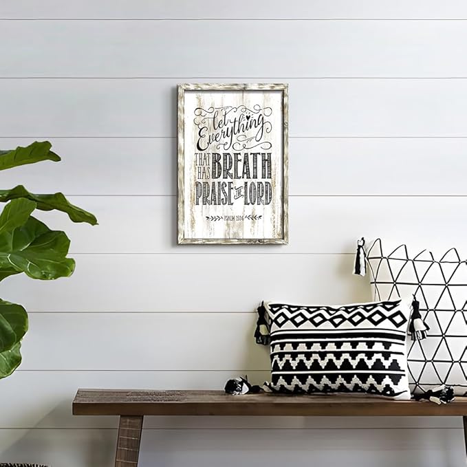 Inspirational Bible Verses Wall Art: Wooden Christian Signs Framed Print Decor Religious Scripture Artwork Psalm 150-6 Lord Quotes Picture for Bedroom Living Room Home