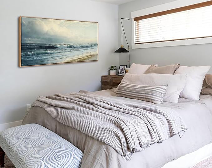 DJSYLIFE Vintage Coastal Beach Wall Art, Framed Canvas Art for Living Room Large Artwork Rockaway Beach Seascape Painting Prints Nature Ocean Waves Pictures Bedroom Above Bed Wall Decor 20"x40"