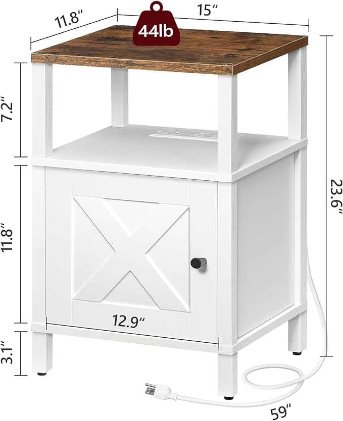 Farmhouse Nightstand with Charging Station, White Bedside Table with USB&Type-C Ports and Outlets, End Table with Storage, Night Stand for Bedroom, White and Rustic Brown ETRW96E01