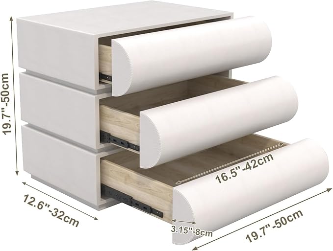 Nightstand with 3 Drawer, Bedside Table with Microfibre Leather, Fashion Night Stand for Bedroom/Living Room, No Assembly Required-White