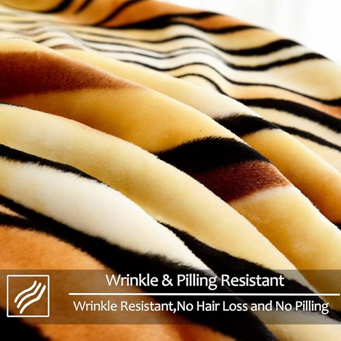 JYK Korean Faux Mink Fleece Blanket 75”x87” and 5 LB Mink Blanket - 2 Ply Reversible 520GSM Silky Soft Plush Warm Blanket for Autumn Winter, A&B Pattern (Queen, Tiger/Tiger Stripes)