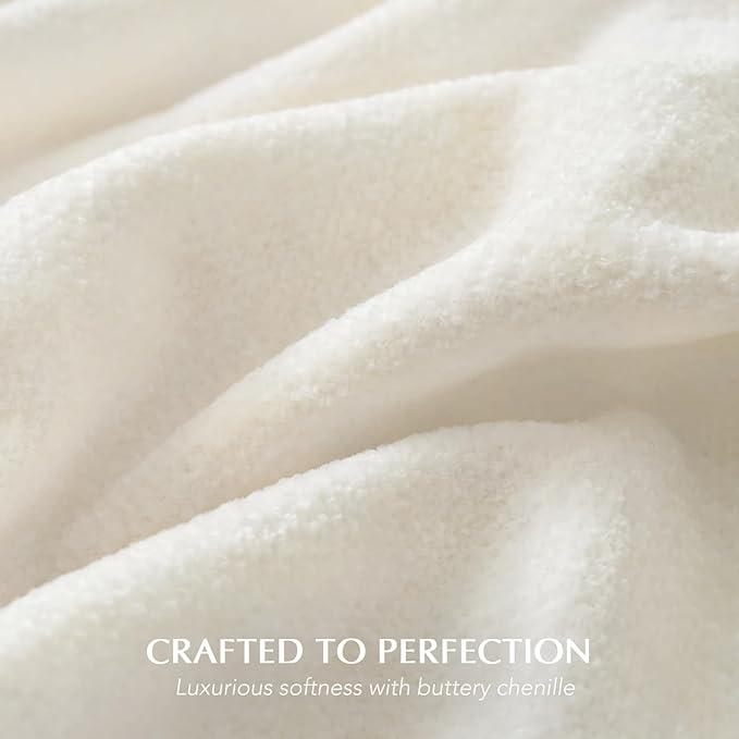 EverGrace Soft Chenille Throw Blanket for Couch, Cozy Plush Fuzzy Decorative Chenille Knit Throw Blanket with Tassels, Lightweight Blanket and Throws for Bed Sofa Gift Home Decor, Ivory White 60"x80"