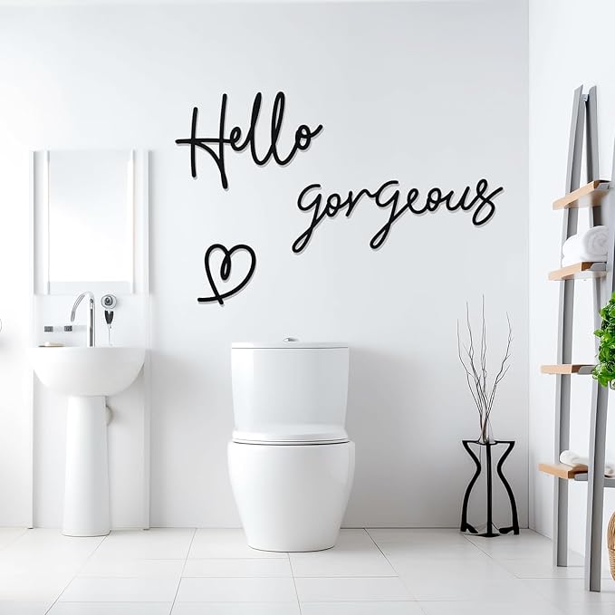 Bnesi Hello Gorgeous Heart Sign Wall Decor Black Metal Wall Decor Modern Hello Gorgeous Elegant Metal Wall Art Decor for Bathroom, Bedroom, Lash room (Black, Large)