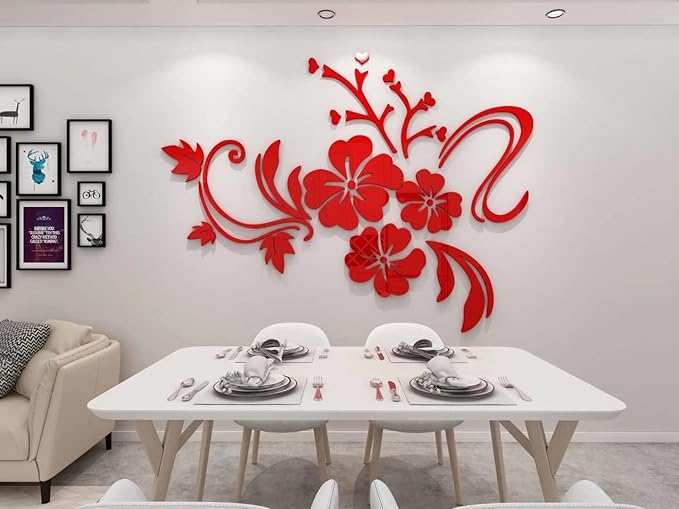 Wall Stickers 3D Flower Mirror - Family Decal Living Room Wall Decor Sticker Home Decorations Room Decor for Office Sofa Bedroom Decals (Red S:35 * 47in)