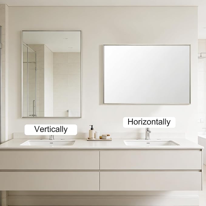 Bathroom Mirror for Wall, 20x30 Inch Metal Framed Mirror, Brushed Nickel Rectangle Mirror, Bathroom Vanity Mirror Farmhouse, Tempered Glass, Anti-Rust, Hangs Horizontally or Vertically